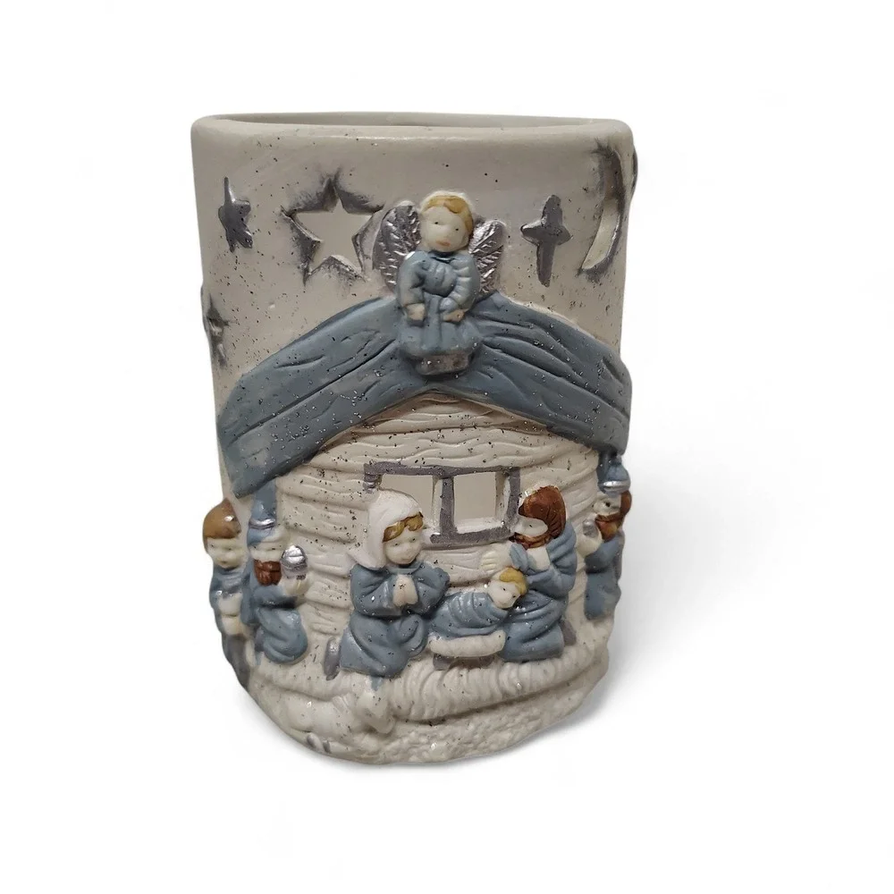 Nativity Scene Candle Holder White Blue Glitter Stars Angels Christmas Decor‎ 4